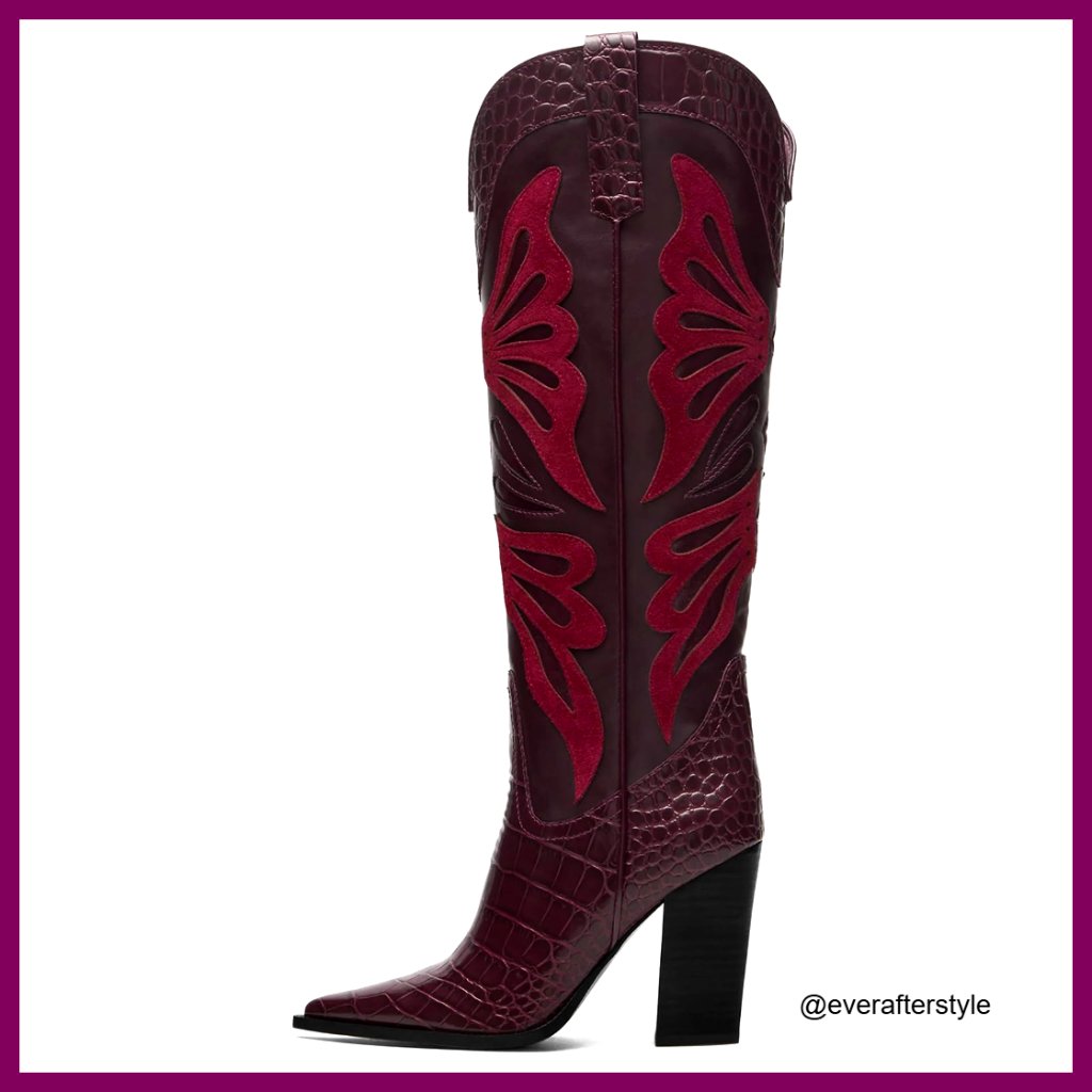 Women's Knee High Cowboy Boots Pointed Toe Chunky Heel Wide Calf Western
